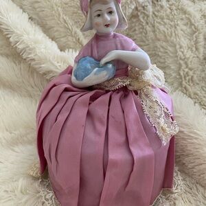 Vintage Half Doll Porcelain China Pin Cushion Figurine 7” - Pink Crinoline Dress